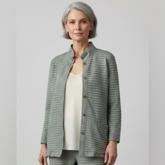 Yacco Maricard Pintuck Stand Collar Shirt Jacket Lagenlook Tunic Sage Green